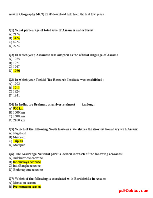 Assam Geography Mcq Question Answers Pdf Download