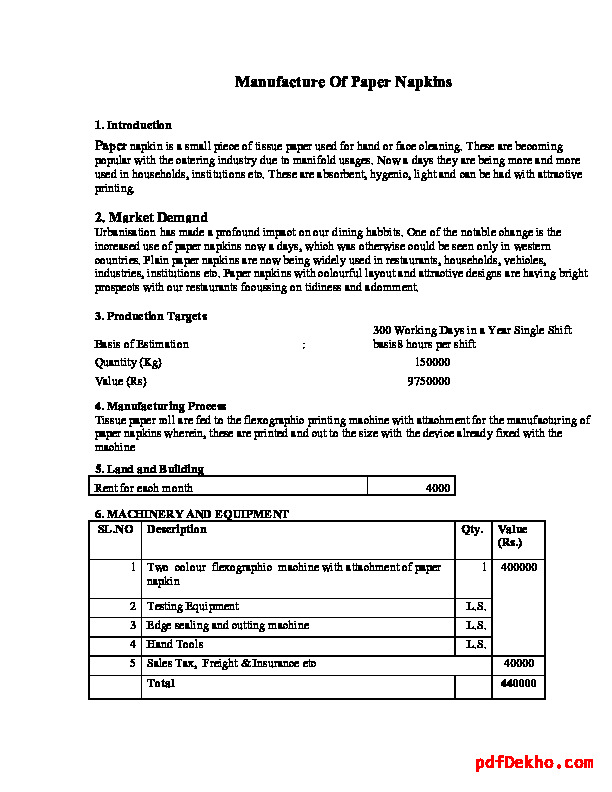 Project Report on Manufacturing of Paper Napkins PDF download