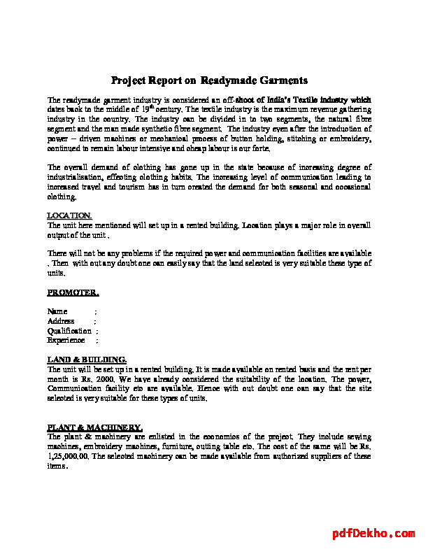 readymade garments project report